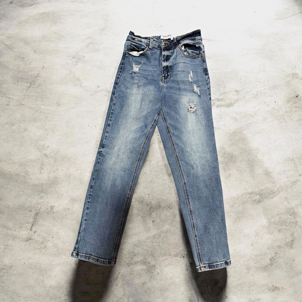 Wax Jeans Women’s Blue Light Wash Distressed High Rise Skinny Capris 5-Pocket